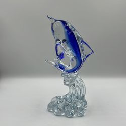 Elegant cobalt blue glass Dolphin figurine with clear glass stand, hand blown