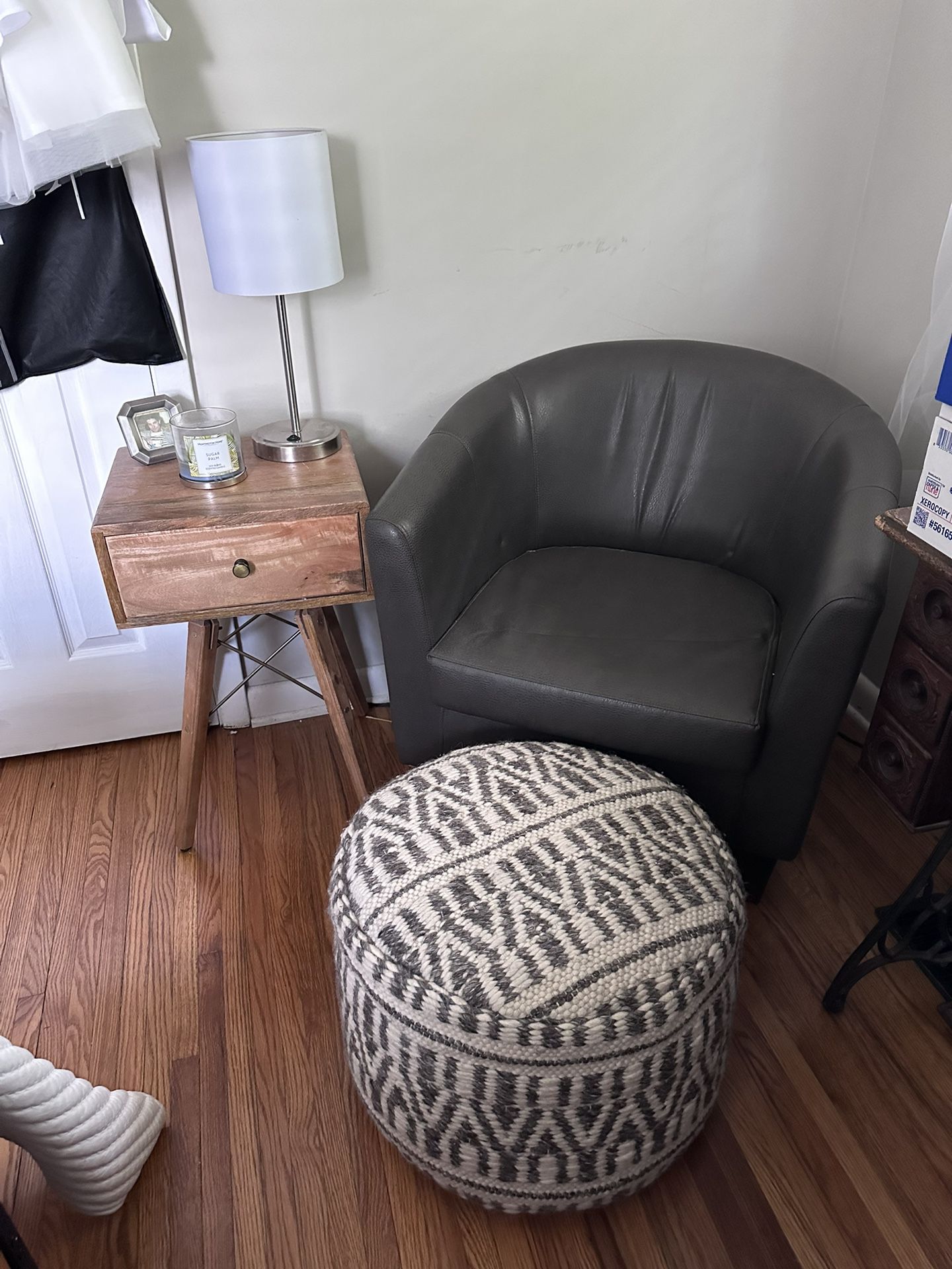 Chair, World Market Pouf Ottoman, and Side Table 