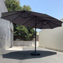 (NEW) $130 Large 15FT Double Sided Outdoor Umbrella w/ 65 LBS Plastic Weight Base (Red/Gray) 