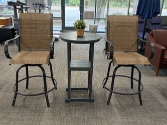 3-Piece Outdoor Patio Bar Set with Round Bar Height Table & 2 Swivel Bar Stools, breathable Textilene fabric seats with high backs and armrests provid