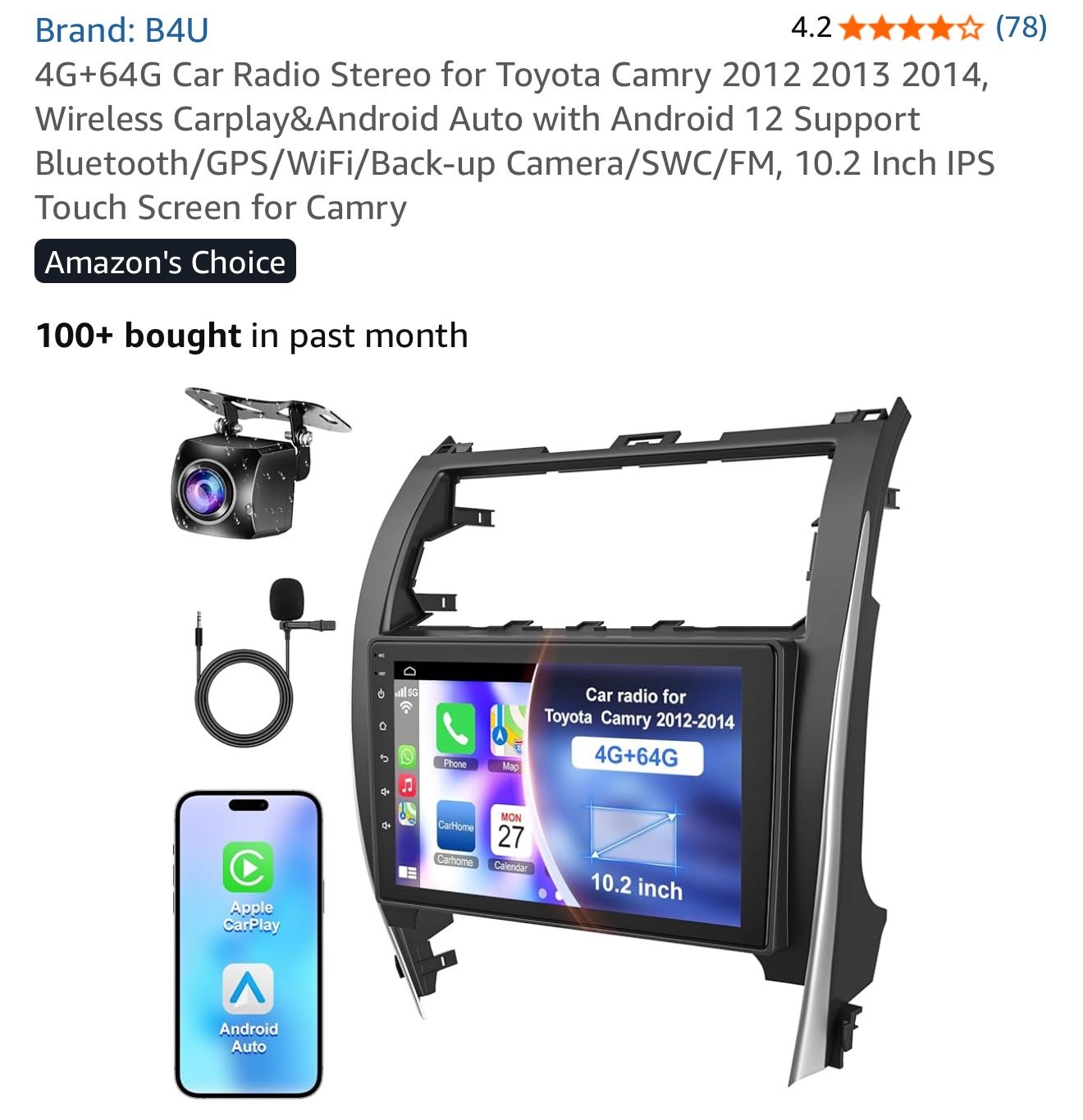 4G+64G Car Radio Stereo for Toyota Camry 2012 2013 2014, Wireless Carplay&Android Auto with Android 12 Support Bluetooth/GPS/WiFi/Back-up Camera/SWC/F