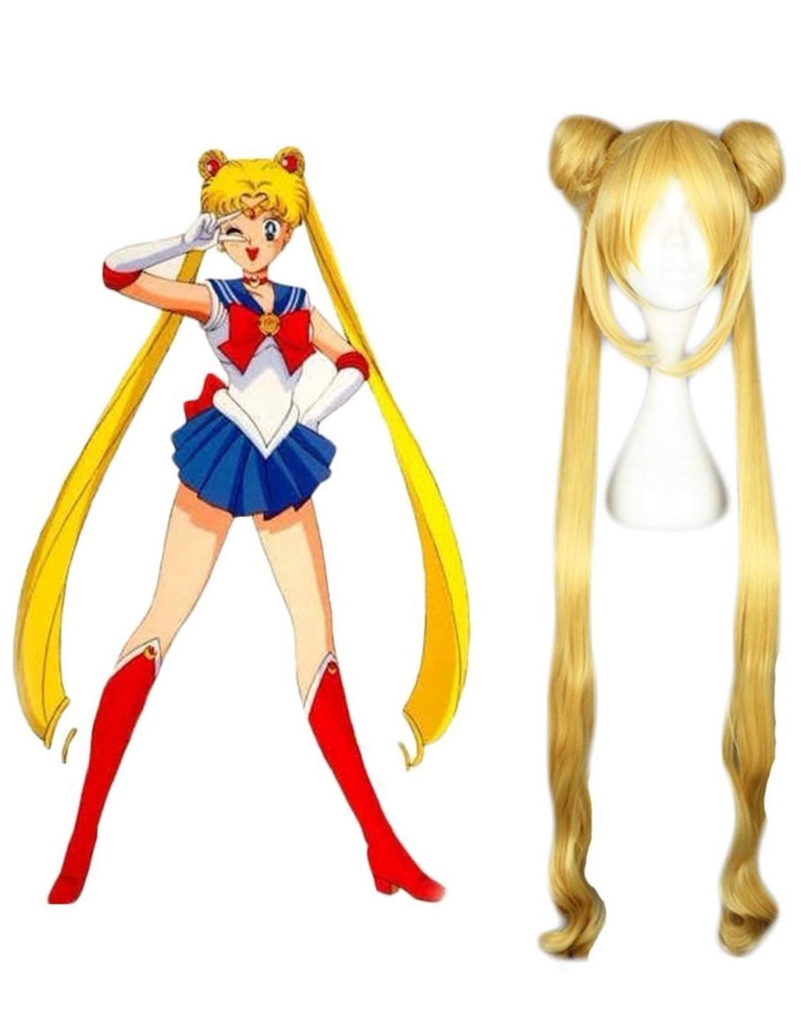 Long Curly Golden Ponytails Wig with Buns for Sailor Moon Cosplay Anime Blonde Pigtails Wig with Bangs  (ONLY WIG)
