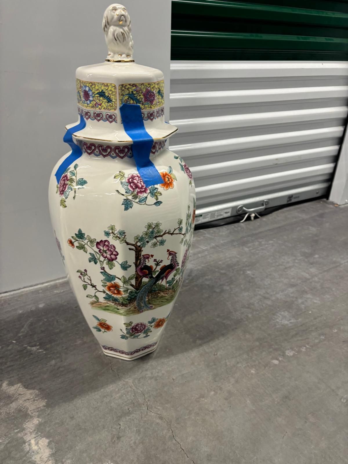 Vintage ceramic lidded 6 sides vase . 27” porcelain made Italy Asian bird floral design .. $150
