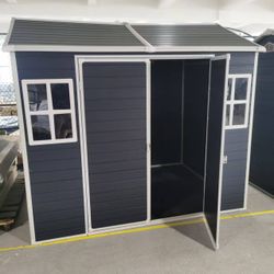 8x4ft Outdoor Resin Garden Shed with Floor and 2 Windows, Plastic Patio Outdoor Storage Shed with Lockable Door for Garden Tools, Bicycles, Trash Cans