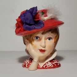Lefton Lady Head Vase Red Hat Flowers