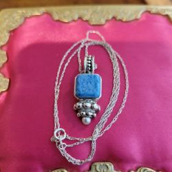 Vintage Blue Denim Lapis Lazuli Sterling Silver Square Pendant Necklace 20" Chain F8
