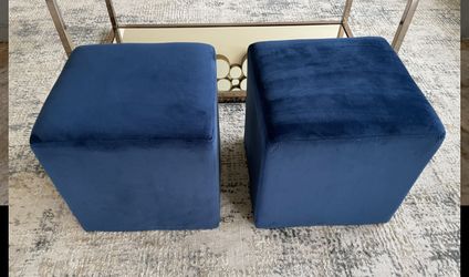2 Blue Velvet Cube Ottomans / Poufs 