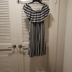 Grey Stripe Off The Shoulder Dress