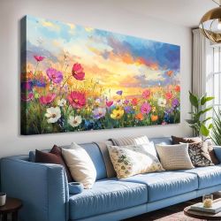 JLXART Wall Art Decor Wildflower Field Meadow Canvas Wall Art for Living Room Sunset Landscape Painting Print Colorful Floral Home Decor Bedroom Offic