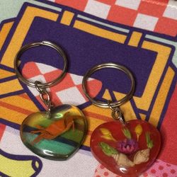 2 Keychains with Real Embedded Flowers and Crab