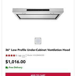Kitchen Aid 36” Low Profile Vented Range Hood