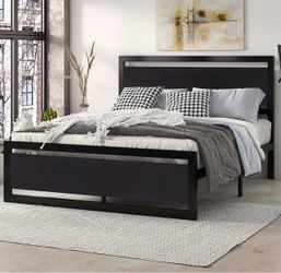 Heavy Duty Queen Size Bed Frame with Modern Headboard, Black