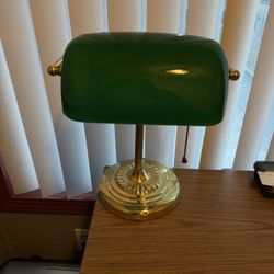 Vintage Banker's Brass Desk Lamp Cased Green Glass Tilt Shade Chain Pull 14" T