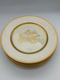 Mikasa Happy Anniversary Dinner Plates 10.5" Gold Trim L5522 Japan Vintage Set 6