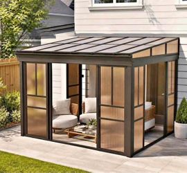 New in Box 8x12 Lean-to Sunroom Gazebo Enclosed Patio Shelter w/ Sliding Doors Polycarbonate Roof