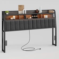 Ergonomic Headboard for King Size Bed with 2-Tier Storage, Upholstered Headboards with Outlets, USB Ports, LED Light, King Head Board Only, Height Adj