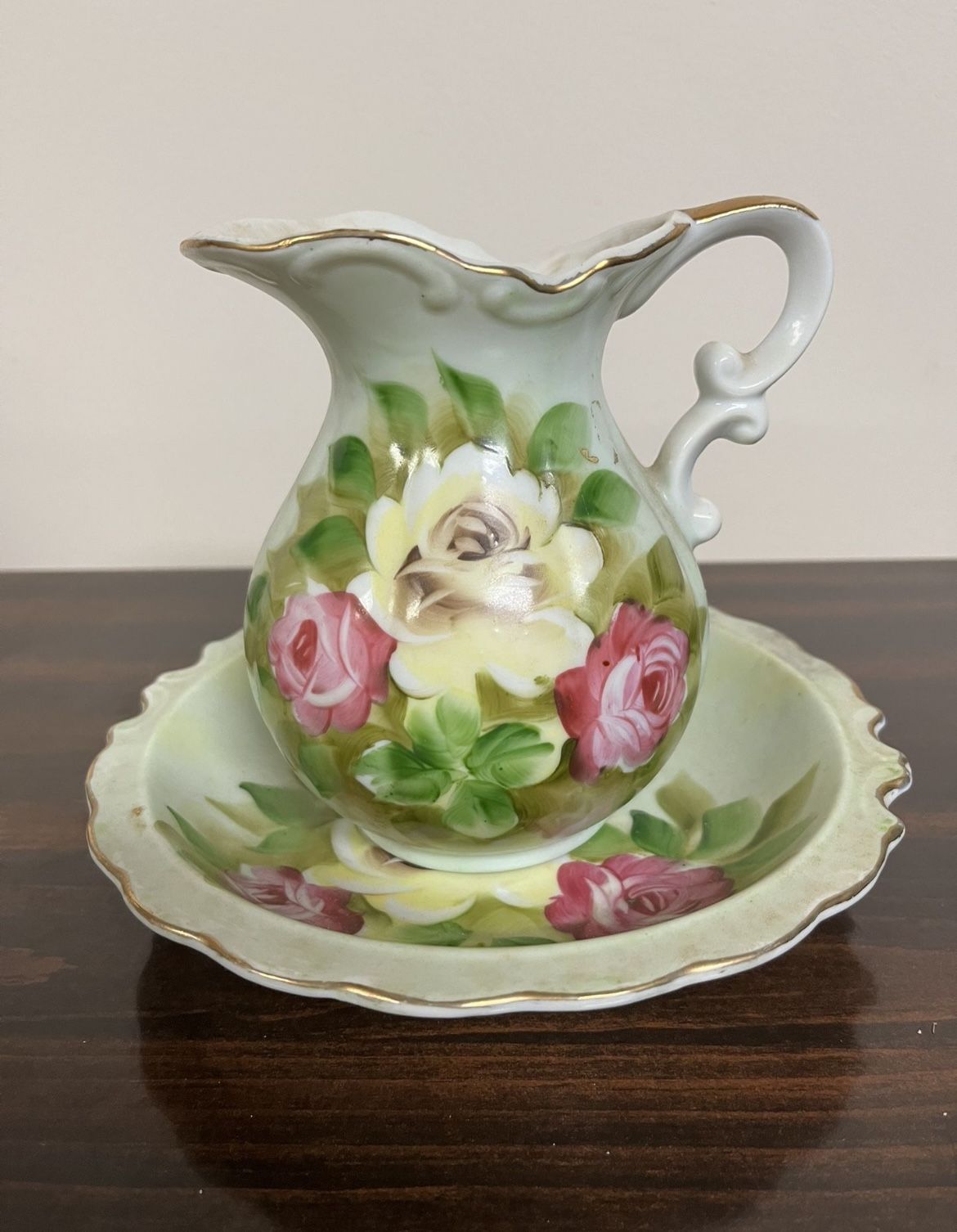 Vintage Hand Painted Water Pitcher With Matching Dish