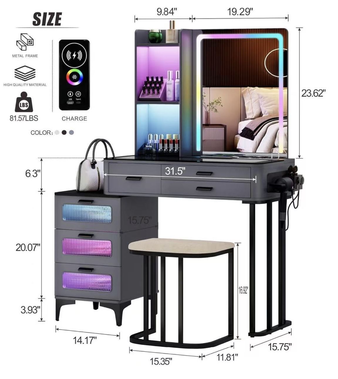 🥨Makeup Vanity Desk with Mirror Lights: Vanity Table with Wireless Charging Station Mobile Dressing Table with Glass Top Design & Hair Dryer Holder