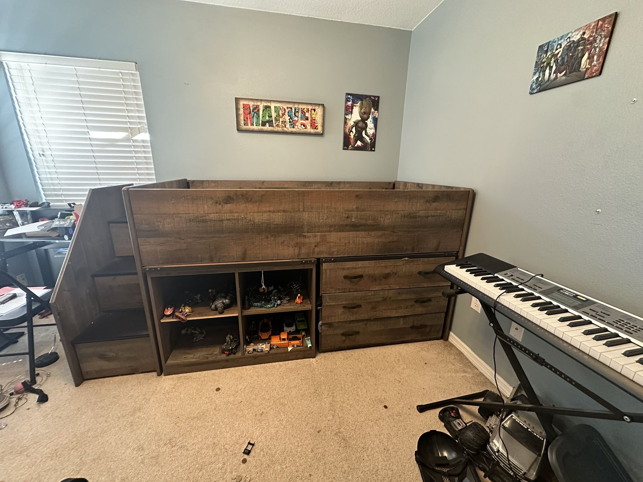 Rustic Wood Loft Bed With Storage, Stairs And Drawers