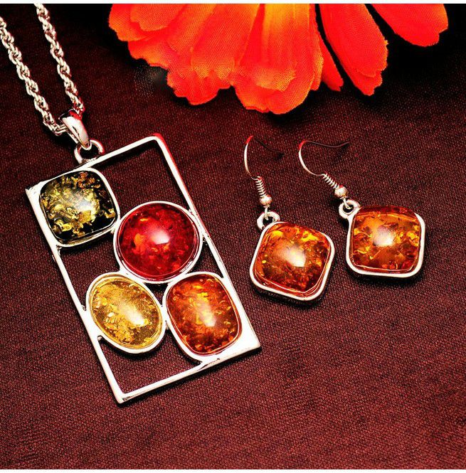 Bohemian African Multicolor Amber Gemstone Rectangle Necklace Jewelry Sets