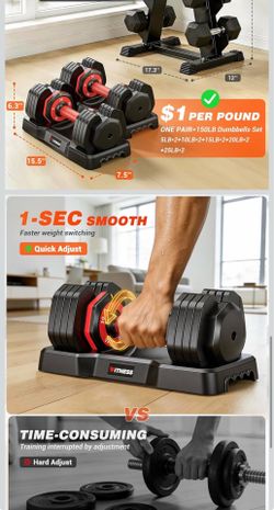 Rendpas Adjustable Dumbbell Set, Quick Adjust Free Weights for Home Gym 25lb Weight Dumbbells w/Non-slip Handle, Dual-lock Safety, Space-saving Design