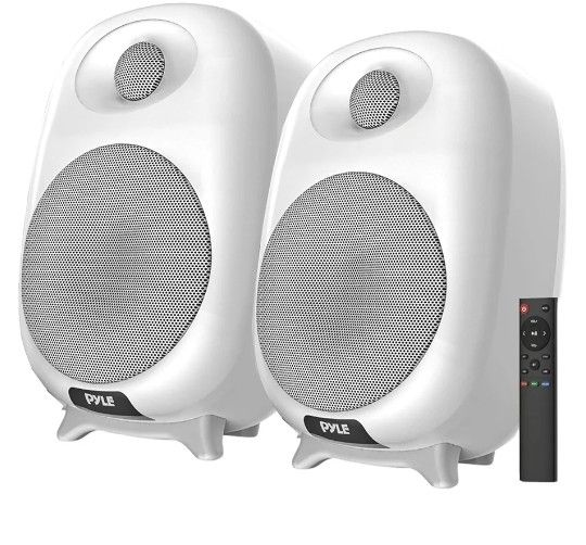 PyleUsa HiFi 60W Powered Bluetooth Bookshelf Monitor Speaker Set, Optical RCA in, Bass/Treble Adjustable, Deep Bass, 3 Audio Mode, Studio Computer Des