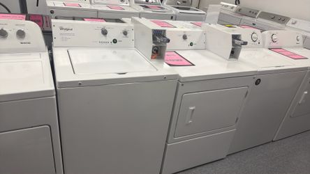 Used Whirlpool commercial coin operated washer and dryer set. 1 year limited warranty