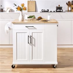 Kitchen Cart wood top with storage, White in