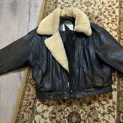 Rare Vintage New York Style Aviator Bomber Real Leather Jacket Coat Faux Fur 40