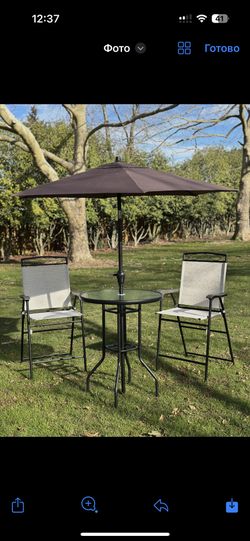 4 Piece Outdoor Patio Dining Furniture Set, 2 Folding Chairs, Adjustable Angle Umbrella, Wave Textured Tempered Glass Dinner Table, Beige