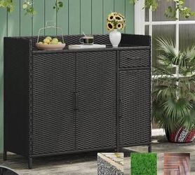 Newly Assembled Outdoor Rattan Buffet Cabinet Tempered Glass Desktop Wicker Patio Sideboard