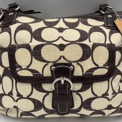 Coach M11(contact info removed)0 Poppy Brown/Cream Canvas Tote Shoulder Bag & Dust Cover