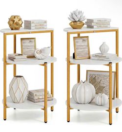 Set of 2  Gold End Table, Round Sofa Side Table with Storage Shelves 3-Tier, Metal Frame, Modern Bedside Tables, Narrow Compact Nightstand for Small S
