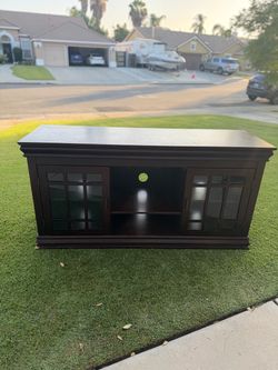 Dark Wood TV Stand with Glass Door Cabinets