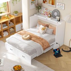 Multi-Functional Murphy Cabinet Bed, Queen Size Bed Frame Murphy Chest with Built-in Power Strip & Drawers, Queen Foldable Platform BedFrame, White
