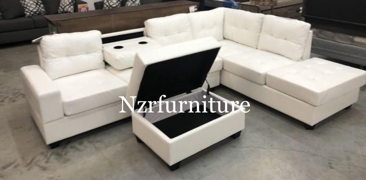 Brand New! Heights White Leather Reversible Sectional w/Ottoman 