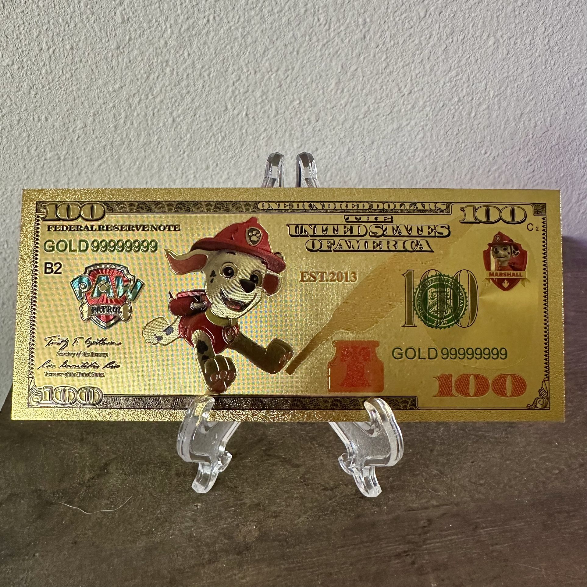 24k Gold Foil Plated Marshall Paw Patrol Banknote Cartoon Collectible