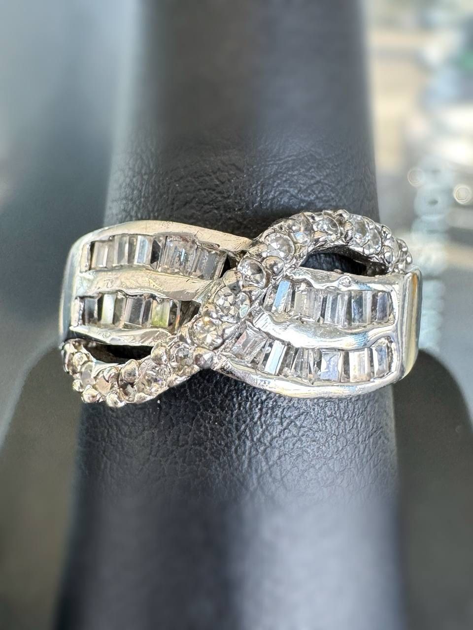 Art Deco 925 sterling silver 0.55CTW Natural Diamond Baguette & Round cut infinity ring sz 7.75