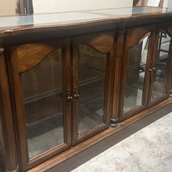 Antique Cherry Wood Cabinet Frosted Glass W/ Light 