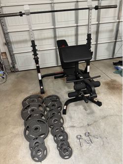 Olympic Squat Rack with Bench with Legs,Preacher Curls/255 LBS Olympic Plates,45 LB Bar