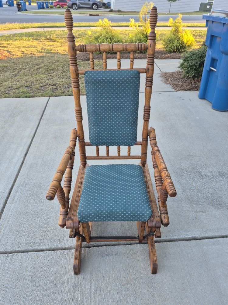 Antique Rocking Chair - Green Fabric- Wooden Frame