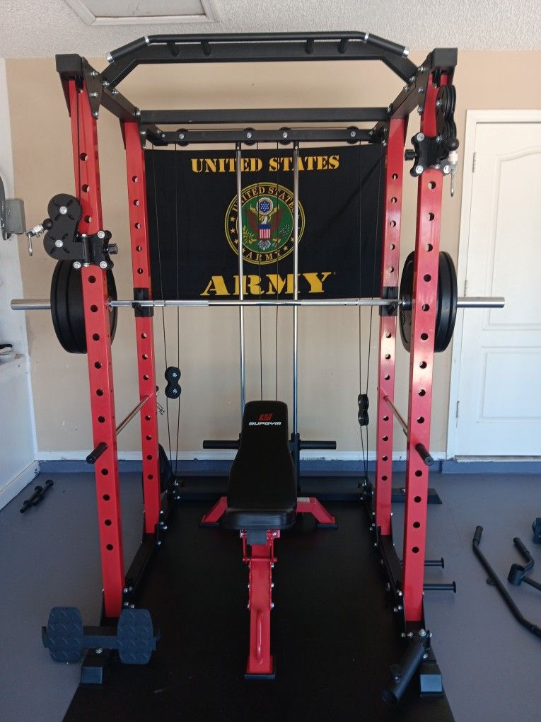 Power Rack With Cables, Bar, Weights And Adjustable Bench