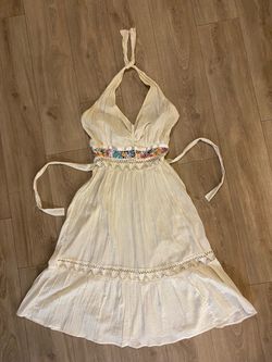 White Halter Midi Dress with Floral Embroidery