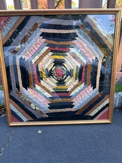 Framed Textile Art Piece Featuring Geometric Log Cabin Quilt Pattern Pineapple or Windmill Blade