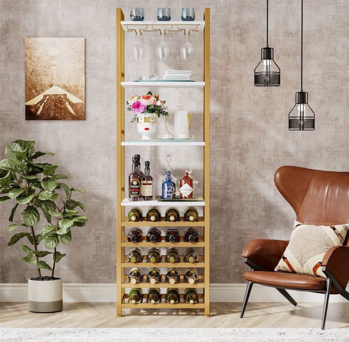 20x1 = 20 Bottles Freestanding Floor Wine Rack, 9 Tier Floor Liquor Cabinet with Glass Holder and Storage Shelves