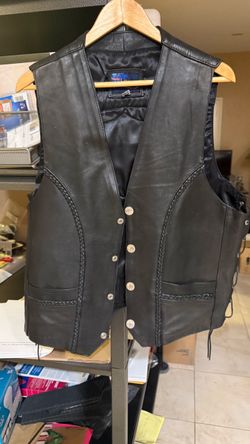 Title: Vance Leathers Black Leather Biker Vest – Custom Patches – Size 48