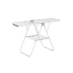 Clothes Drying Rack, Foldable Space-Saving Steel Laundry Rack Floor-Standing Airer, 2 Height-Adjustable Gullwings, Sock Clips, Silver and White, BUNJI