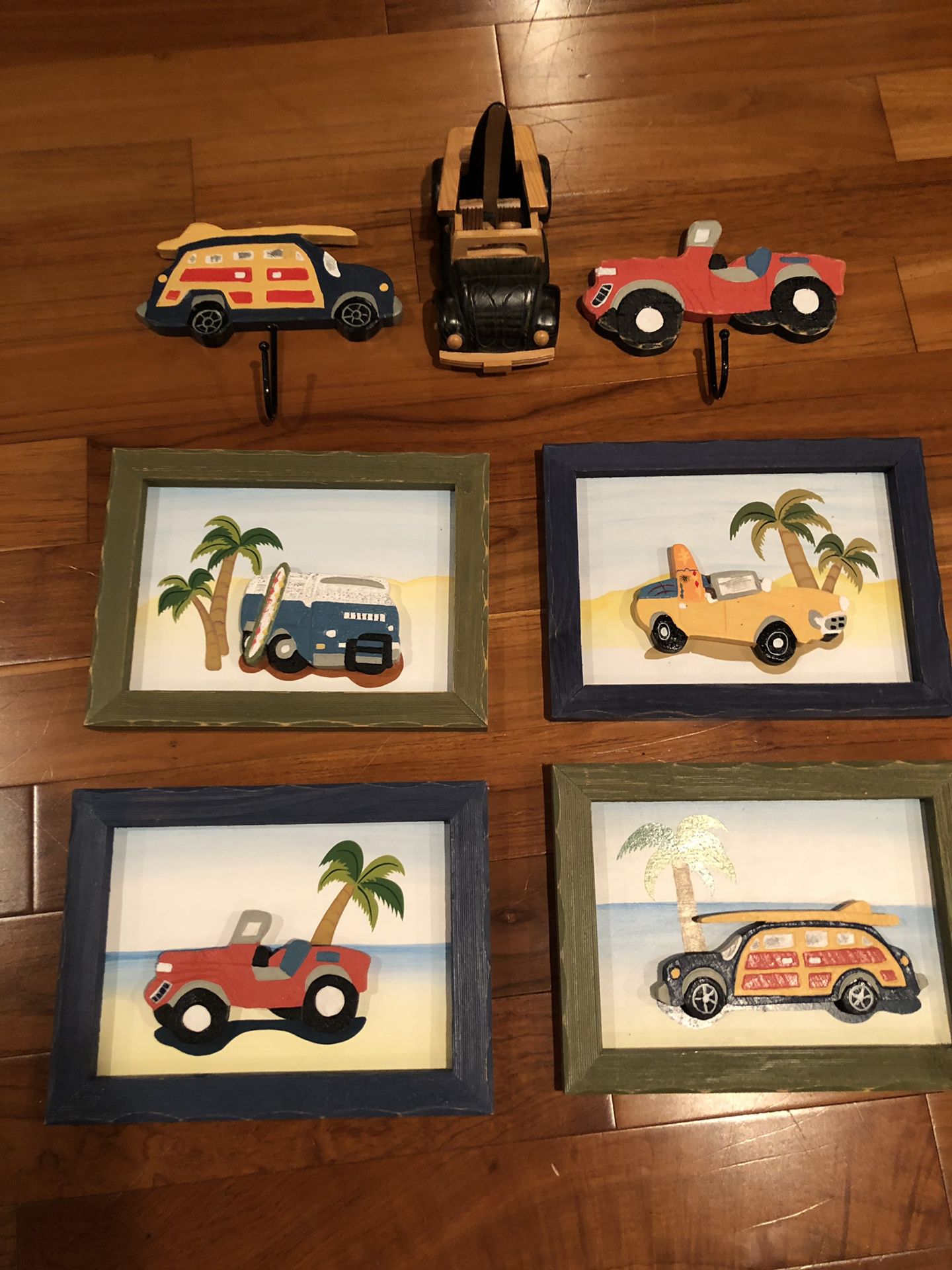 Pier One kids vintage beach decor. Three dimensional wood framed art, hooks, and convertible wooden model car with surfboard.