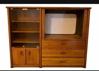 Free  Solid Oak Entertainment Center / TV Stand w/ Glass Display & Drawers