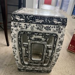 Ceramic Garden Stool / Accent Side Table – Black & White Floral Design